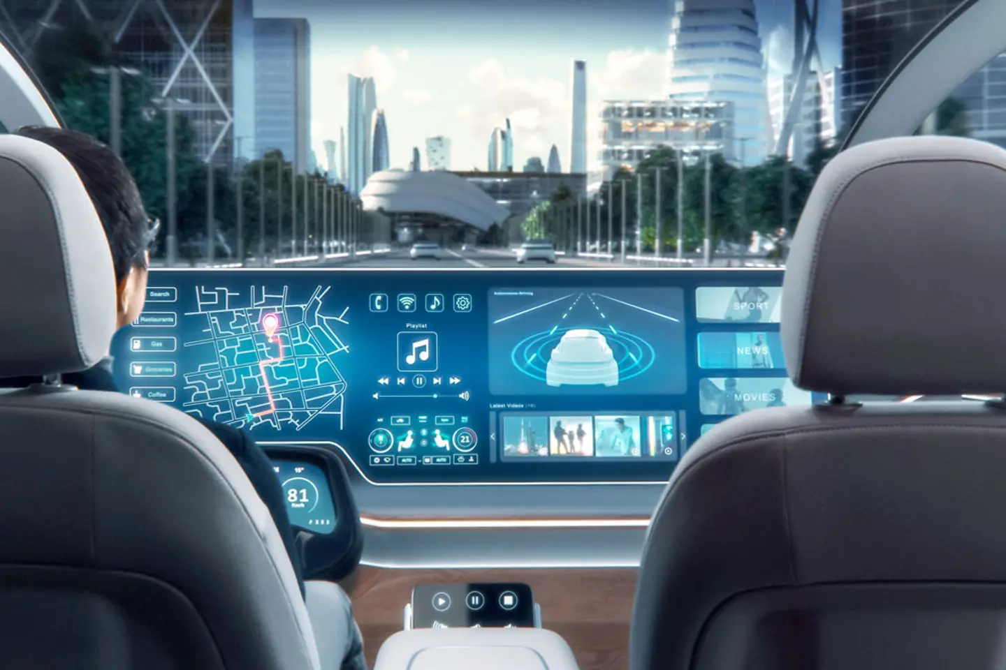 Man using a navigation app on an augmented reality dashboard in a car