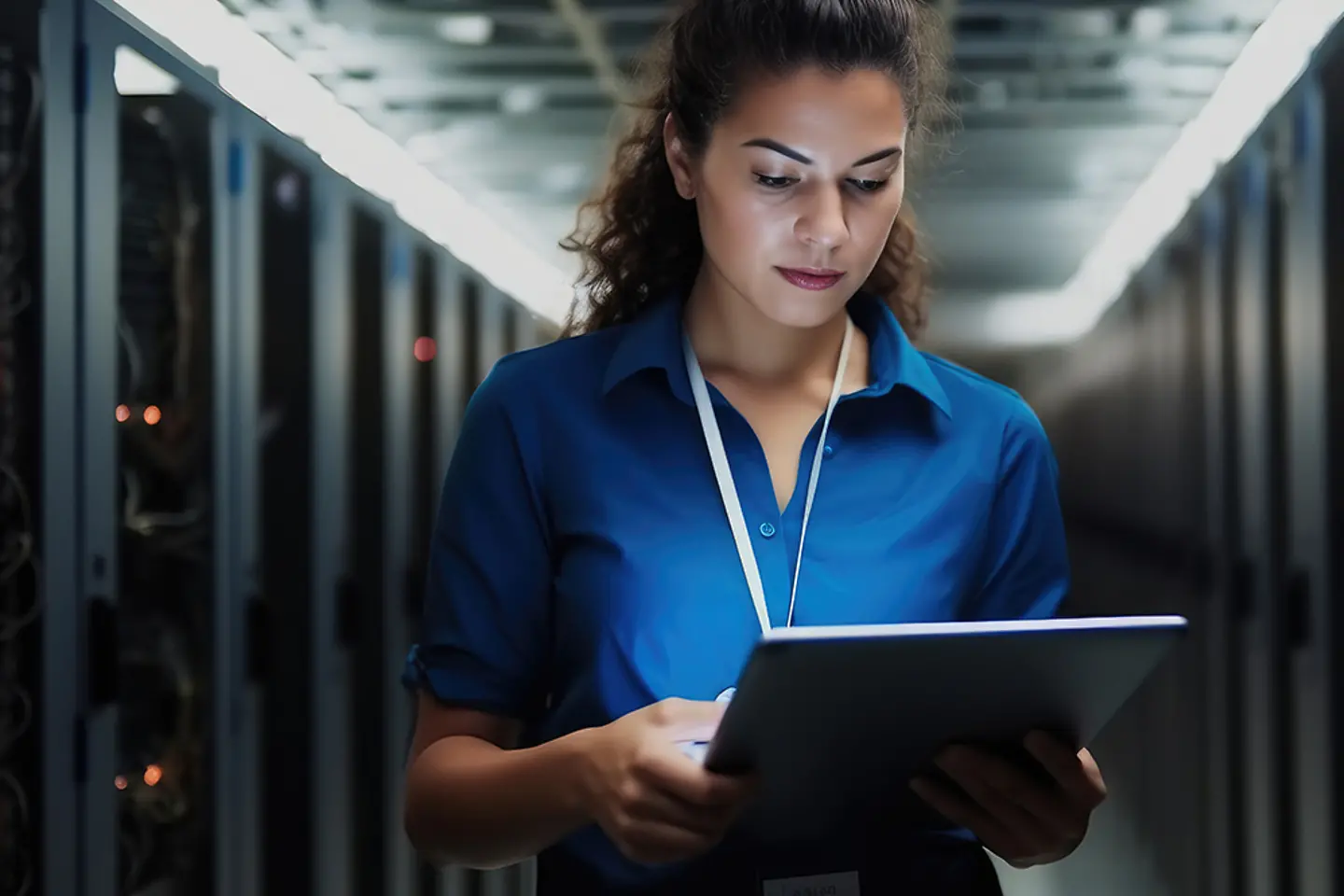 A woman notes down data center reading in a server room