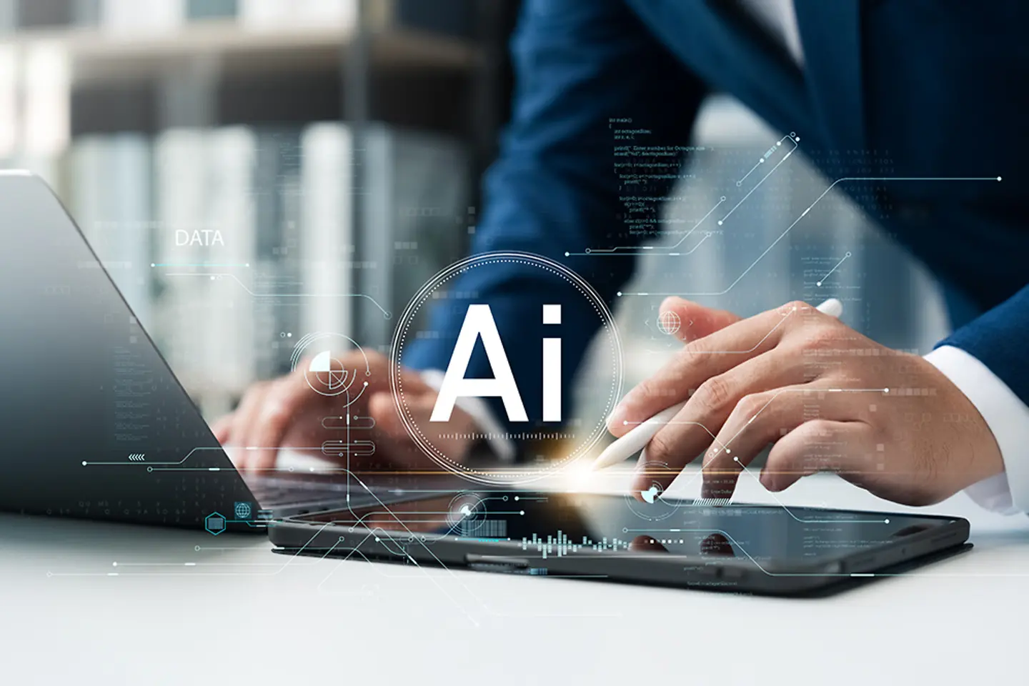 A businessman uses an AI-based tool for work.