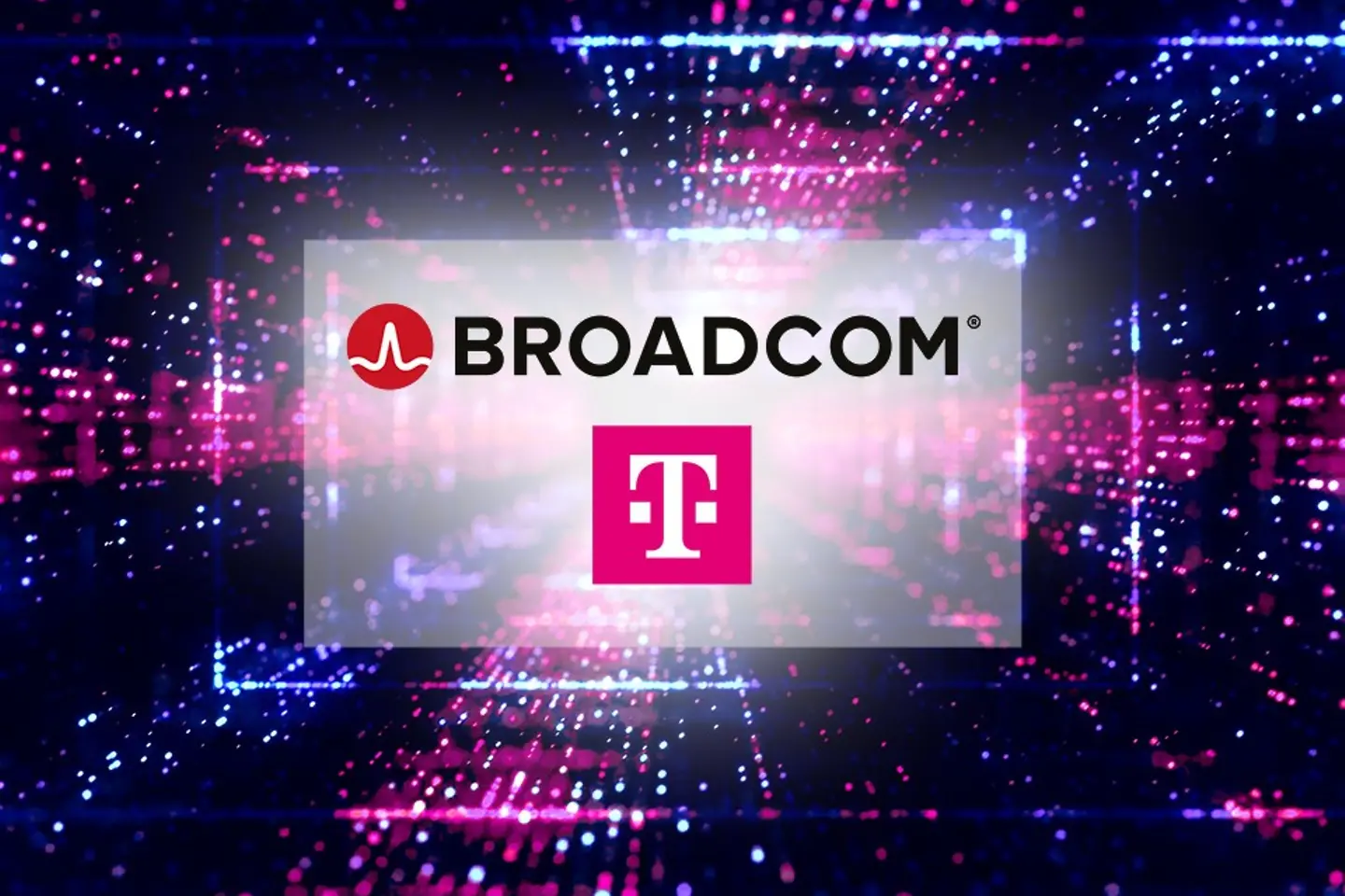 Logotipo da Telekom e da Broadcom no espaço virtual