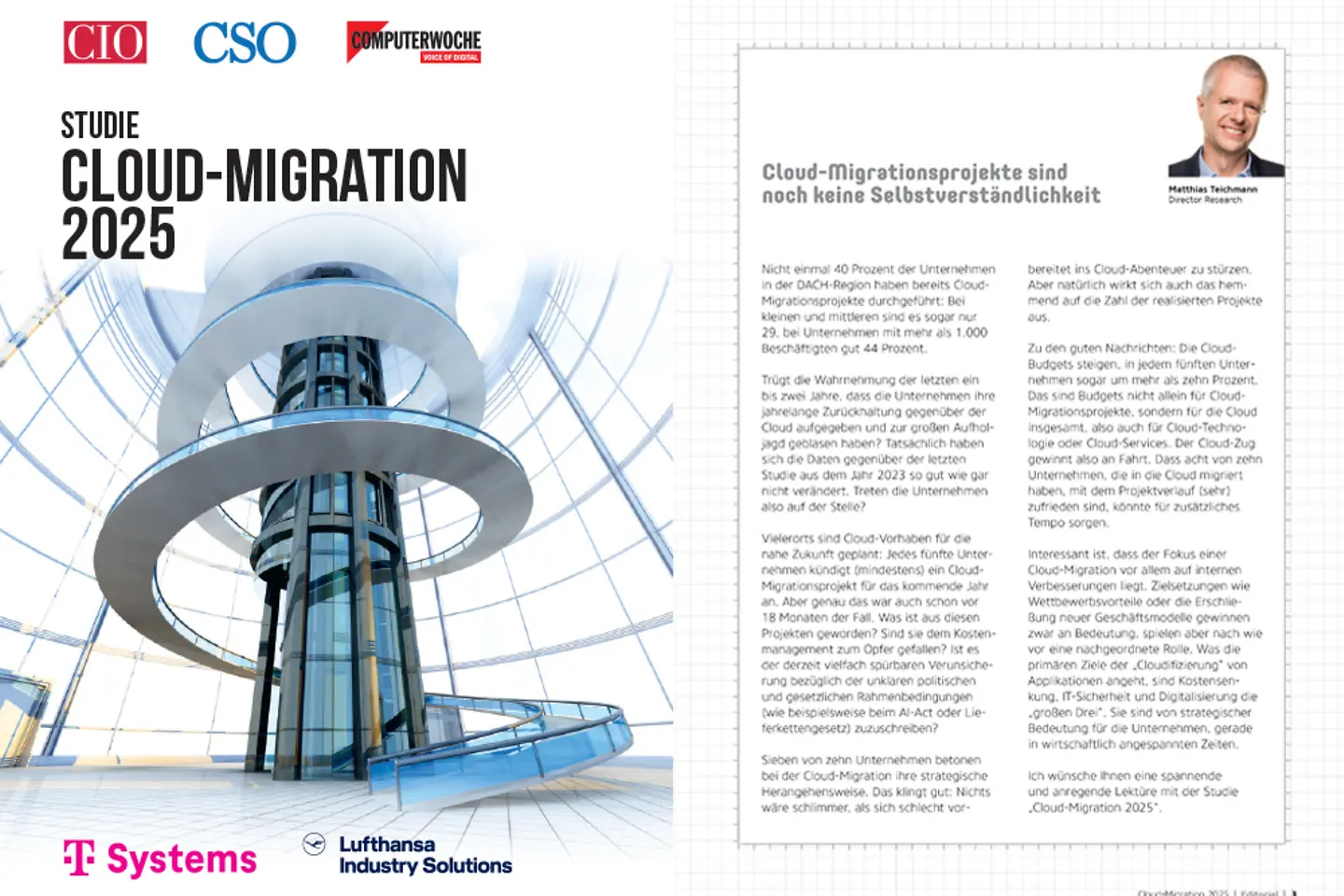 Titelseite und Folgeseiten der Studie „Cloud-Migration 2025“ als Screenshot