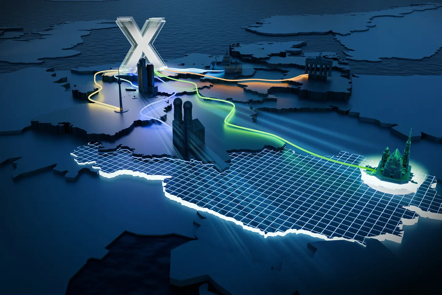 Europakarte mit einem großen X und Sehenswürdigkeiten