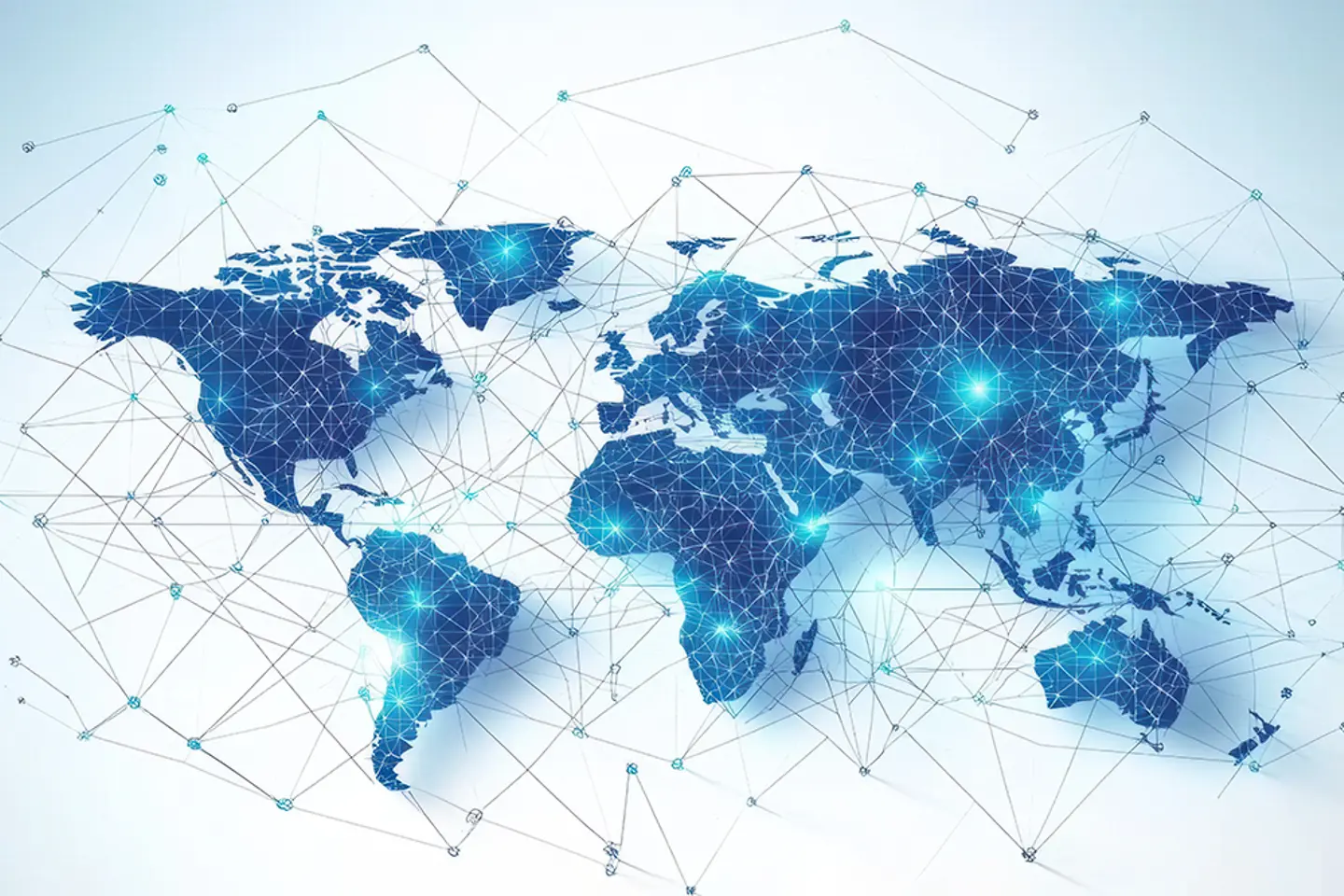 Abstract World Map with Network Connections and Digital Elements Representing Global Communication and Information Sharing