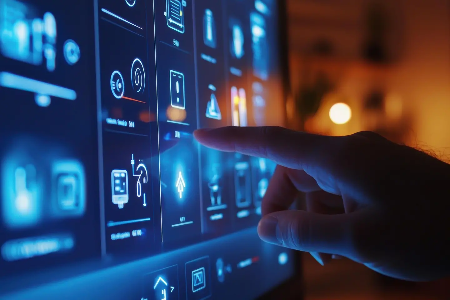 A close-up of a person's hand using a touchscreen interface to control smart home lighting and temperature