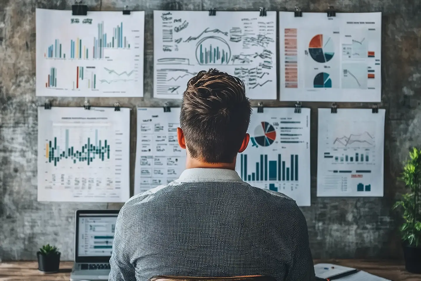 A businessman is carefully studying financial data and growth charts.