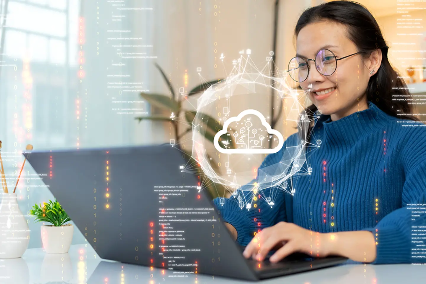 A woman uploads data from her laptop and transfers it to the cloud.