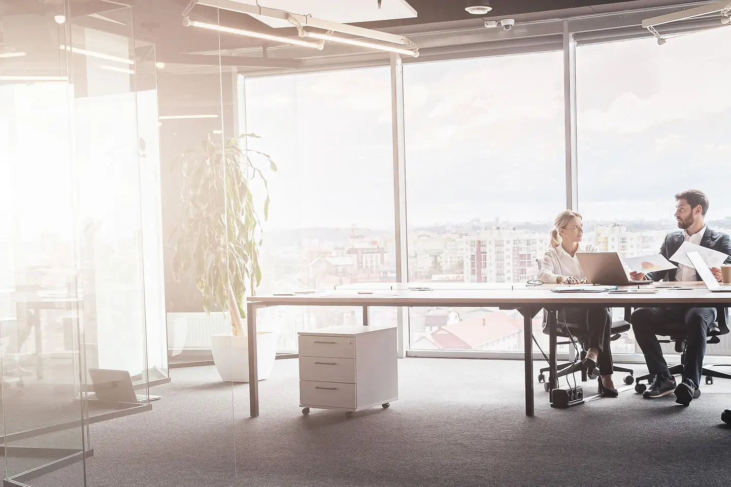 Business people work on a project in a modern office with a panoramic view