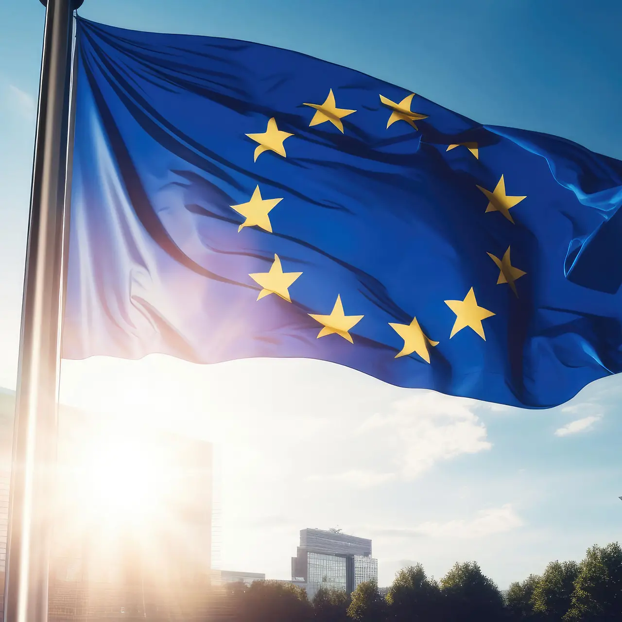 La bandera de la UE ondea frente a un edificio moderno a pleno sol - AI generated/adapted