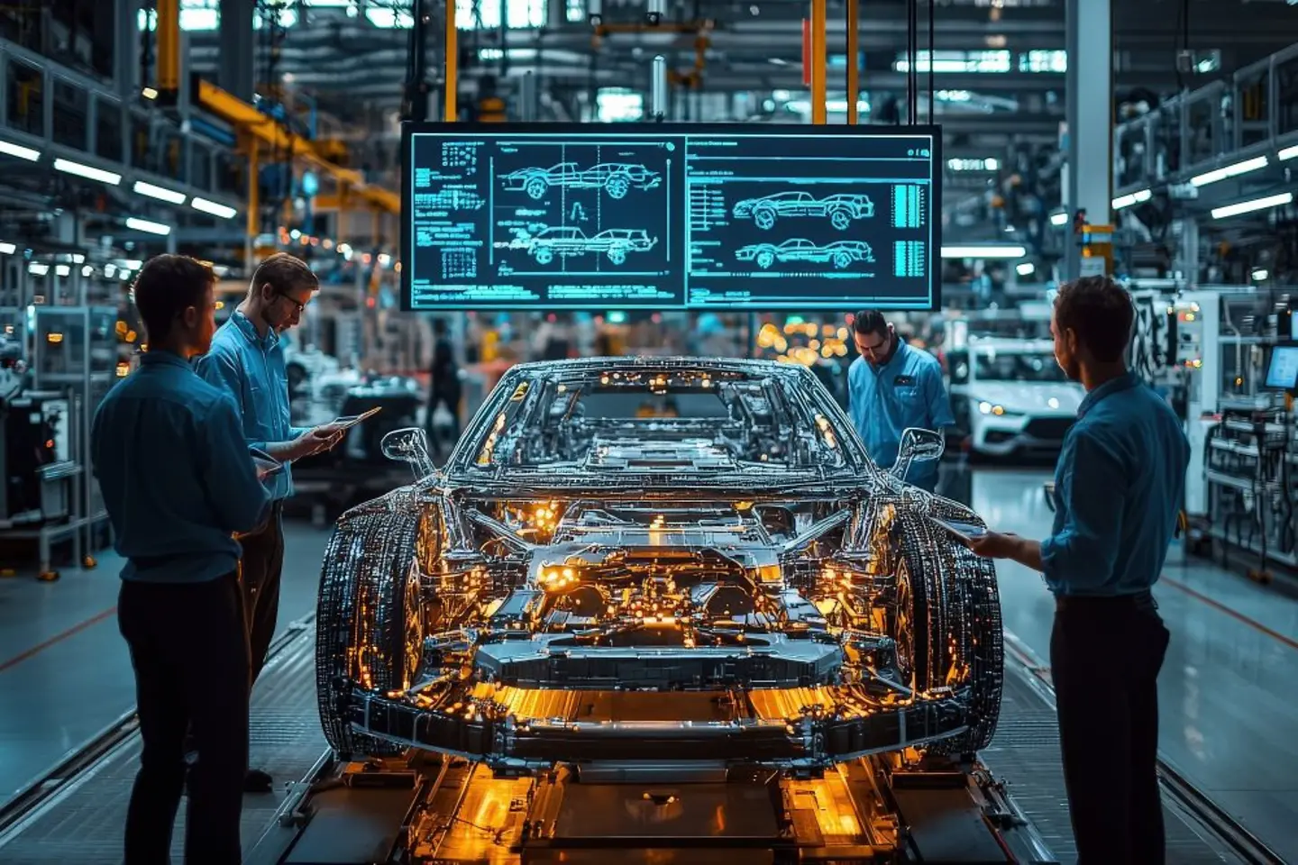 Ingenieure analysieren die Komponenten eines fortschrittlichen Elektrofahrzeugs in einer modernen Fertigungsstätte