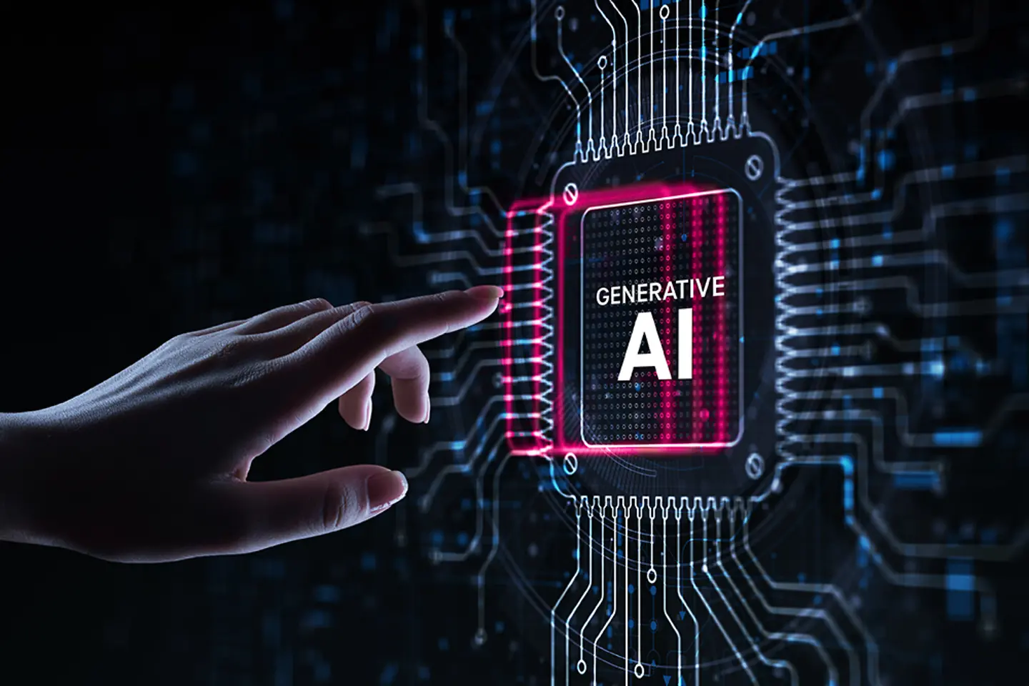 IA generativa creando contenidos y soluciones que se muestran en un procesador tocado por una mano humana. 