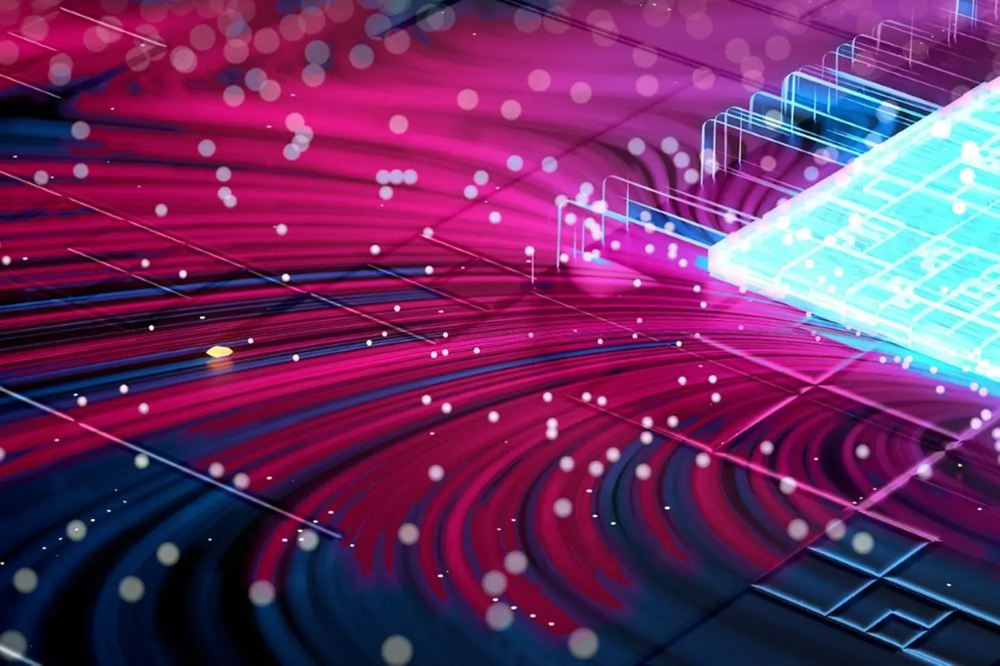 Blueish glowing computer chip on magenta base