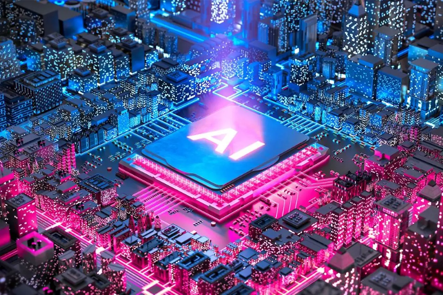 Een blauwachtig-magenta computerchip die eruitziet als een miniatuurstad, met het opschrift "AI".