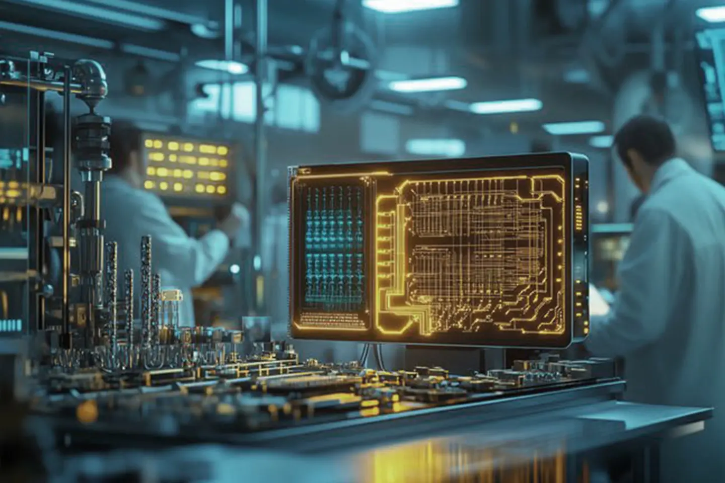 Dois pesquisadores com um computador quântico luminoso em um laboratório de alta tecnologia 