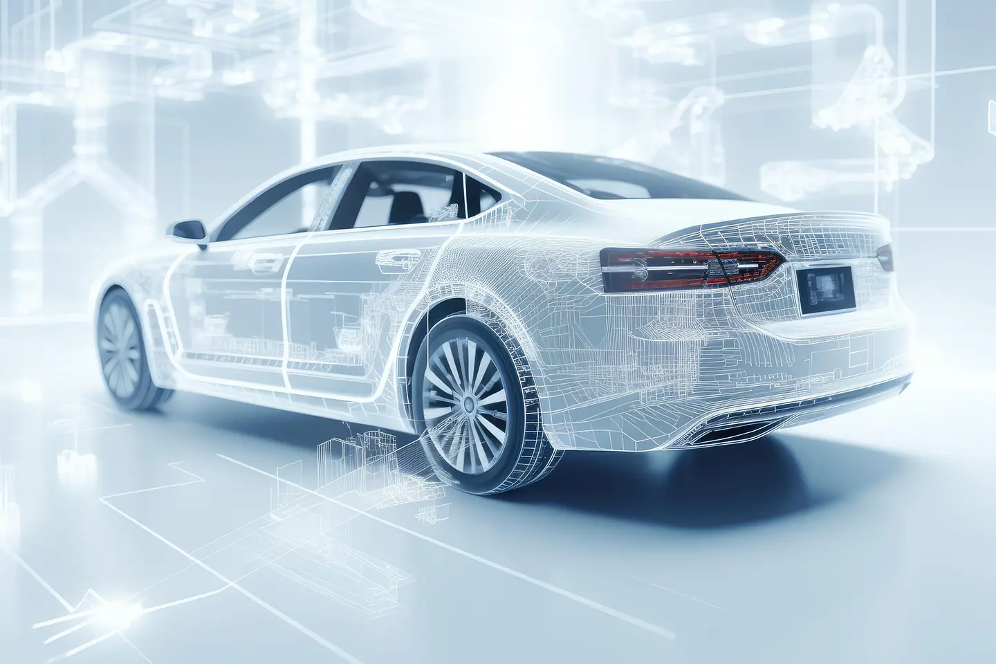 Bild eines futuristischen Elektroautos mit einem holografischen Drahtgitter-Hintergrund für digitale Technologie.