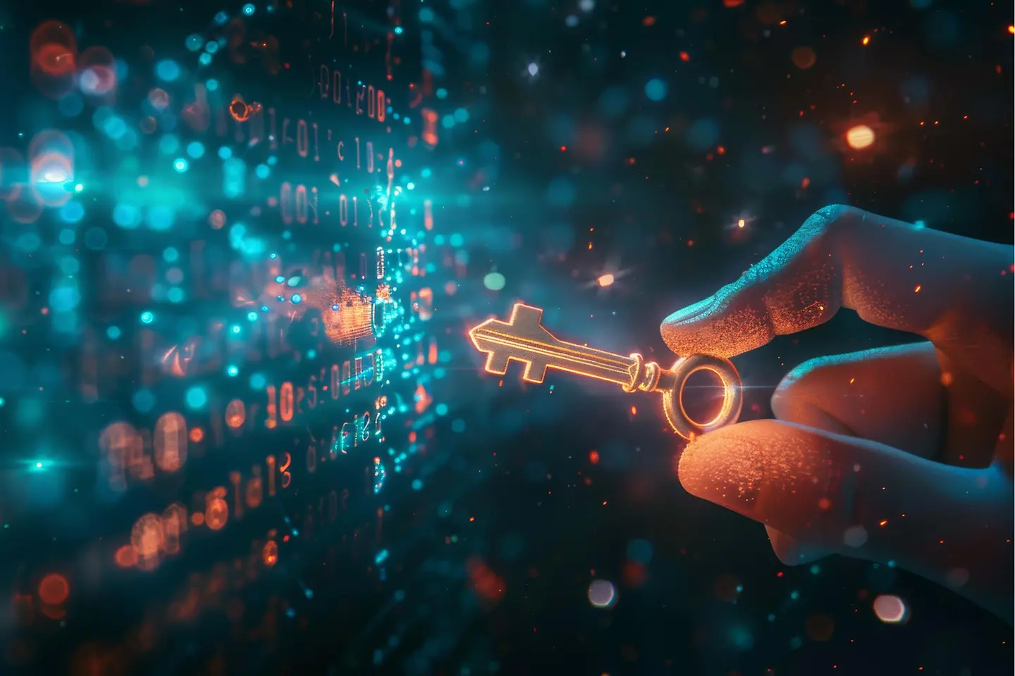 Een hand met een gloeiende sleutel in de vorm van een ketting ontgrendelt een enorme digitale code