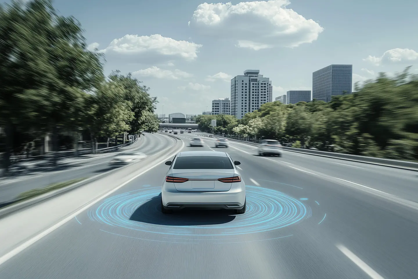 Ein weißes futuristisches Auto navigiert durch ein modernes Stadtbild