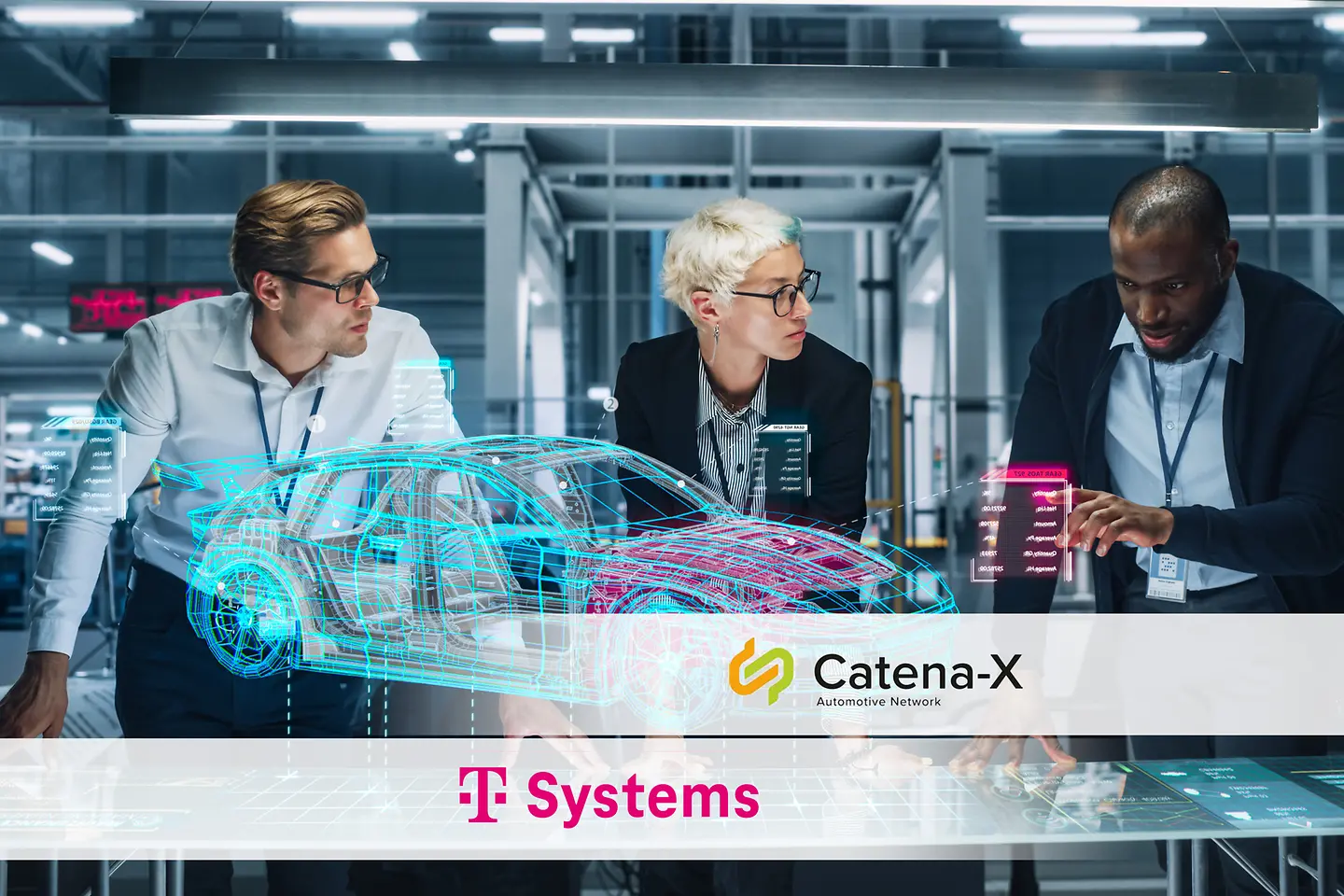 Automotive engineers working on a virtual car model