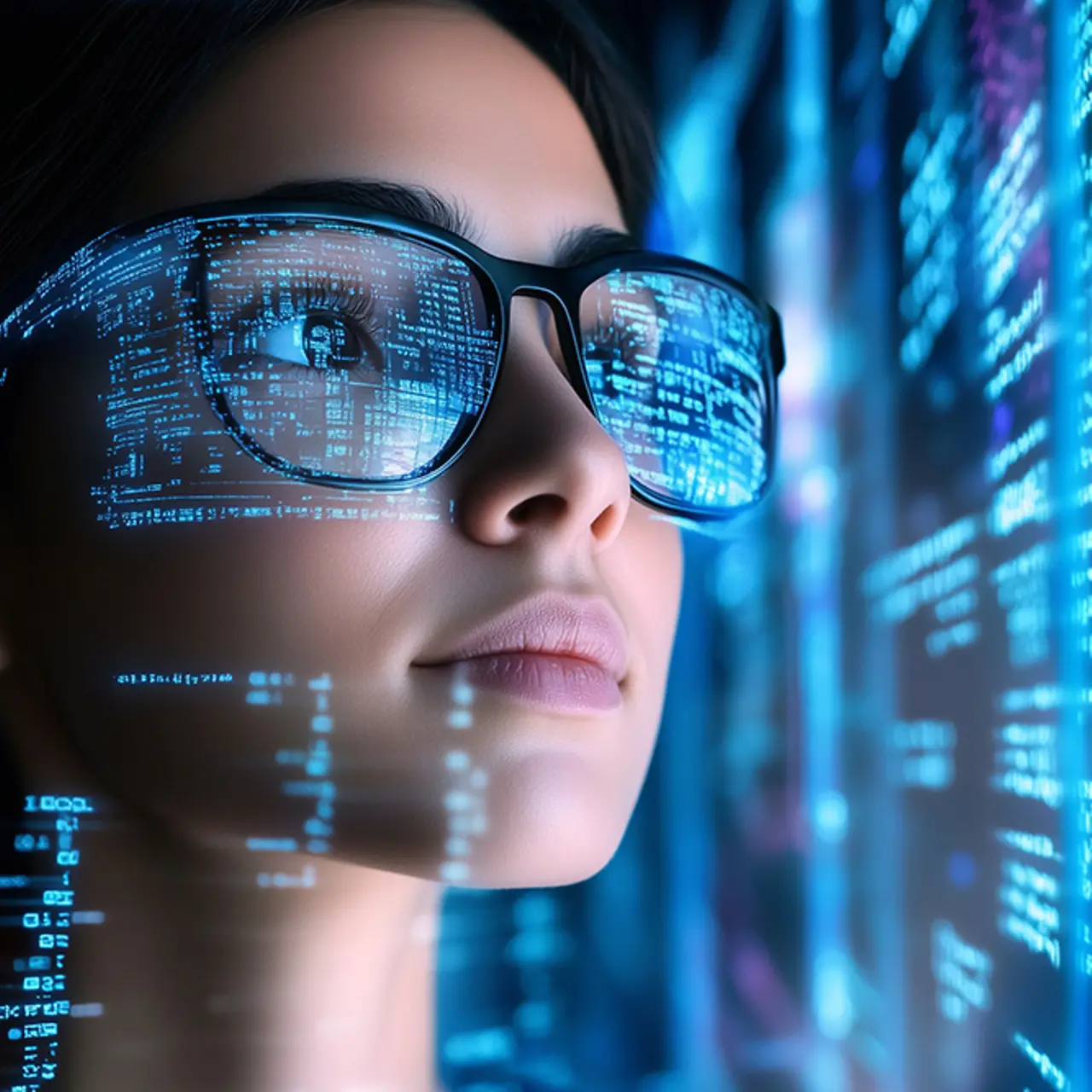 IT-Expertin liest Code an einem Bildschirm ab, Bild durch AI-generiert