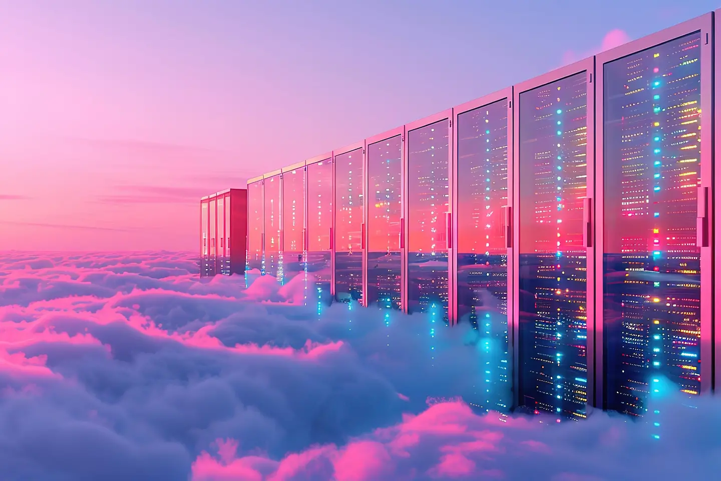 Illustration of a data server room above a sea of clouds with evening sky in the background