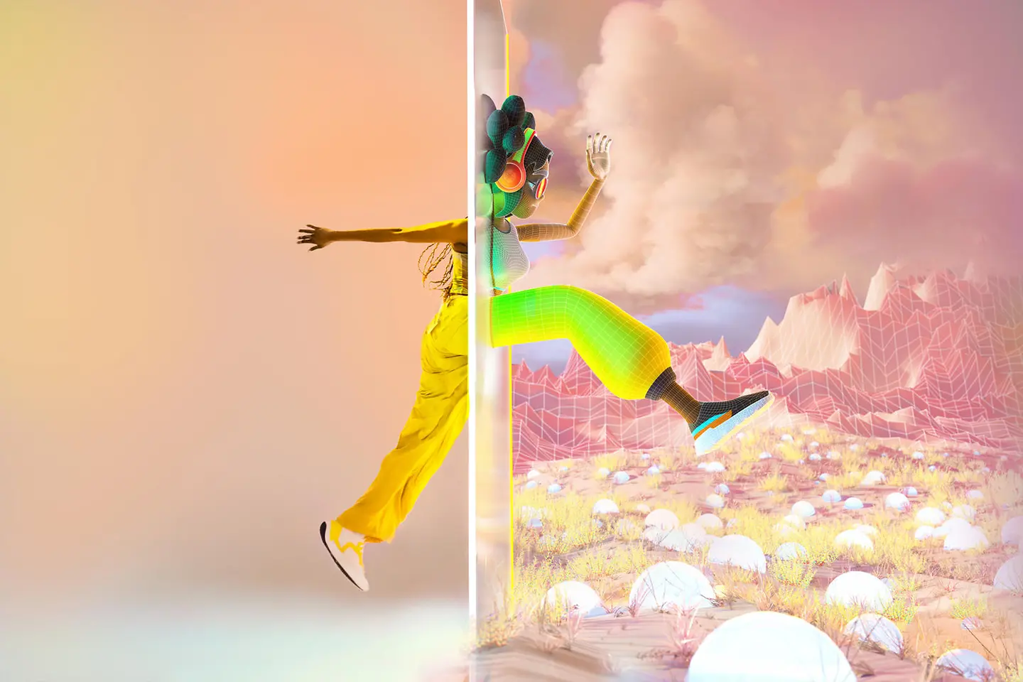 Junge Frau, die durch die Portaltür springt und sich in einen Avatar in einer imaginären Welt verwandelt.