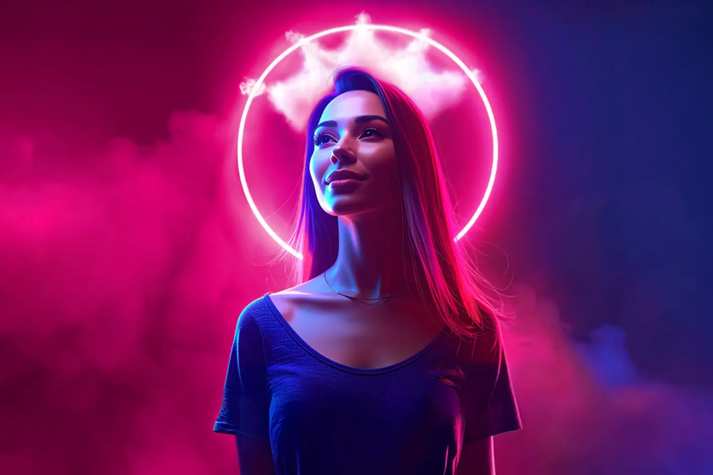 Door AI gegenereerde afbeelding - Jonge vrouw met een magenta wolkenkroon, AI-gegenereerde afbeelding