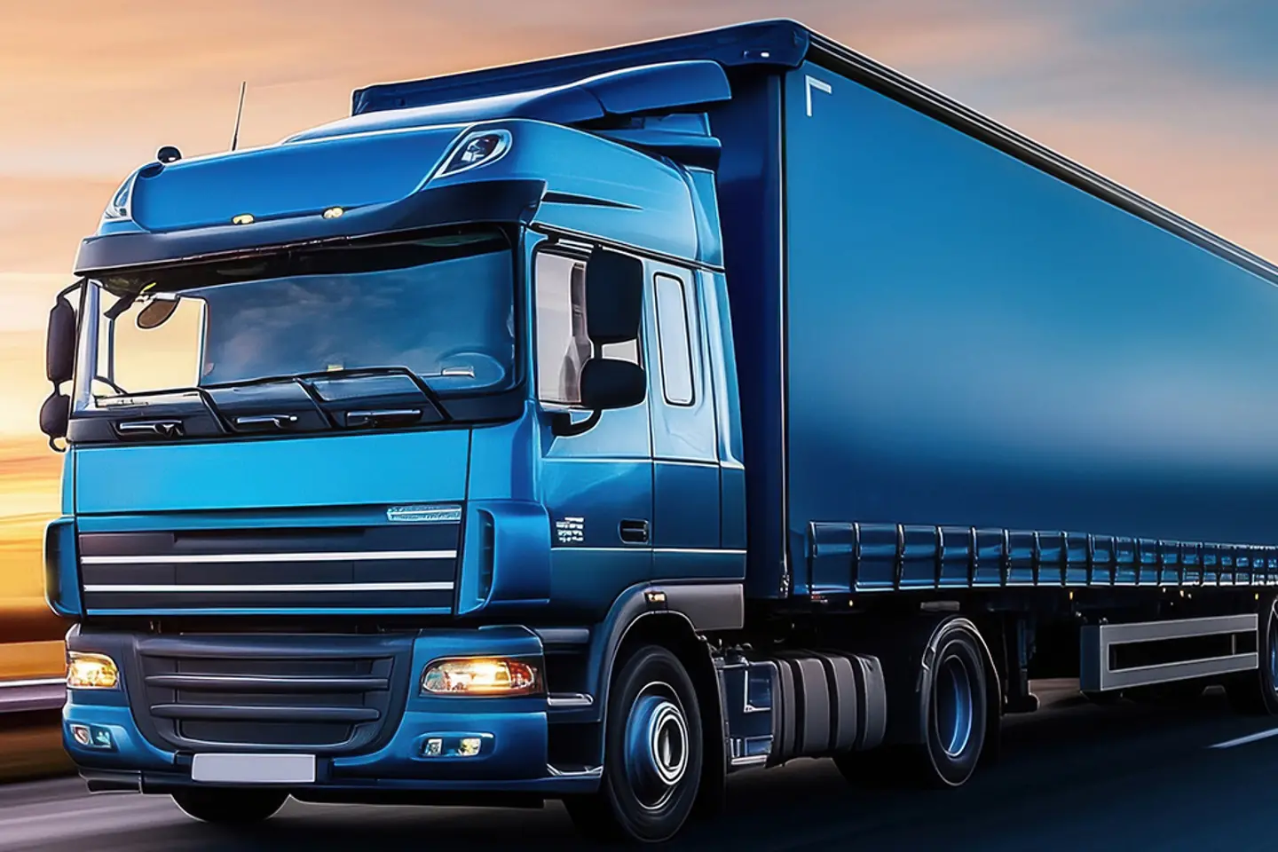Blue truck driving on highway at sunset with vibrant sky and motion blur