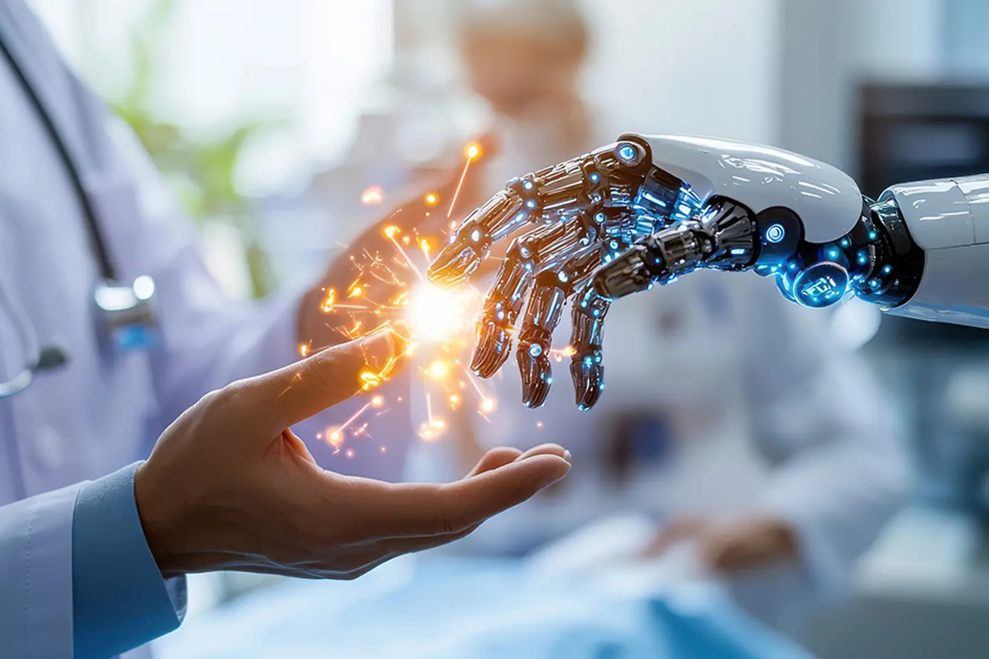 KI-generiertes Bild - Interaktion zwischen Arzt und Roboterhand, KI-generiertes Bild