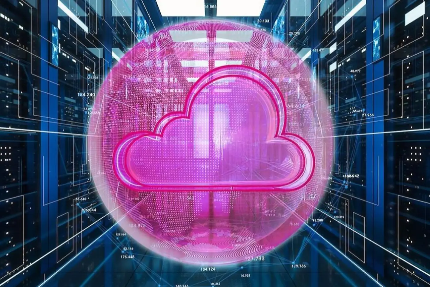 Magentakleurige wolk op een blauwe digitale achtergrond.