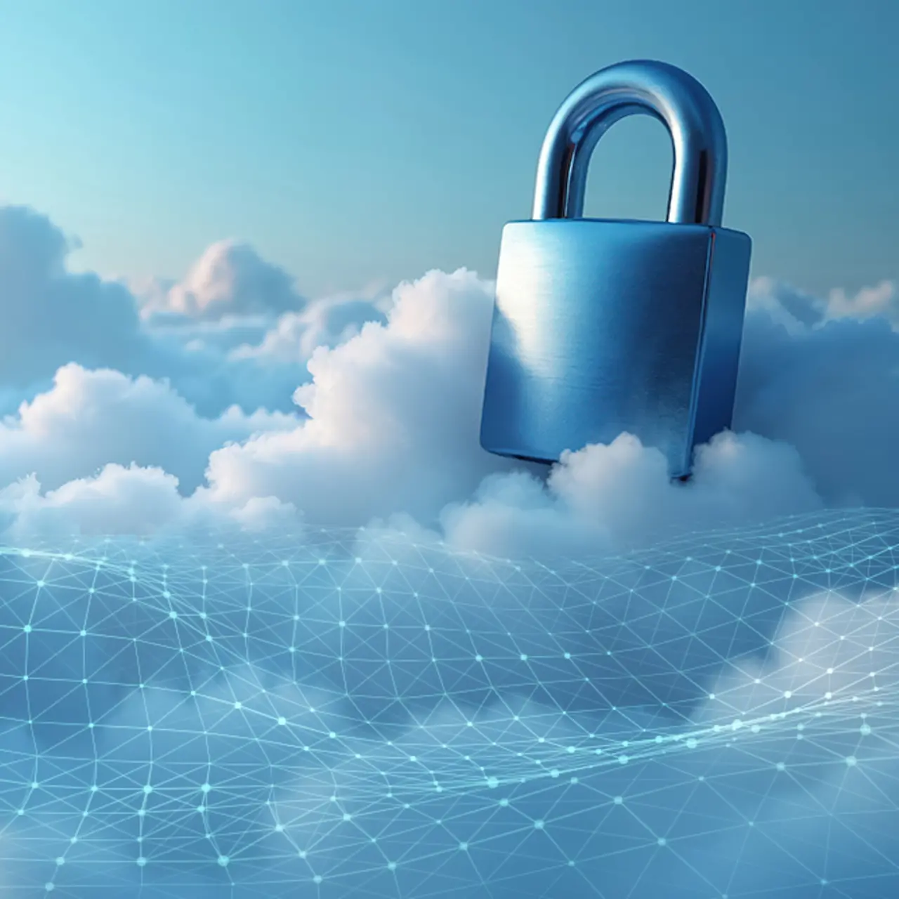 AI-generated image - Silver lock sitting atop clouds, image AI-generated