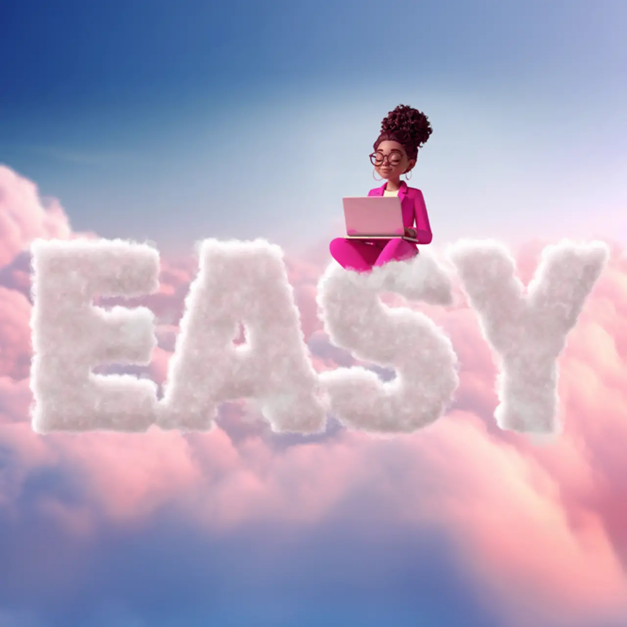 AI-generated image - Woman in magenta suit with laptop sitting on clouds, lettering "Easy," AI-generated image
