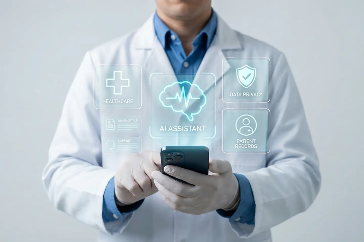 A doctor using an healthcare AI assistant on a smartphone