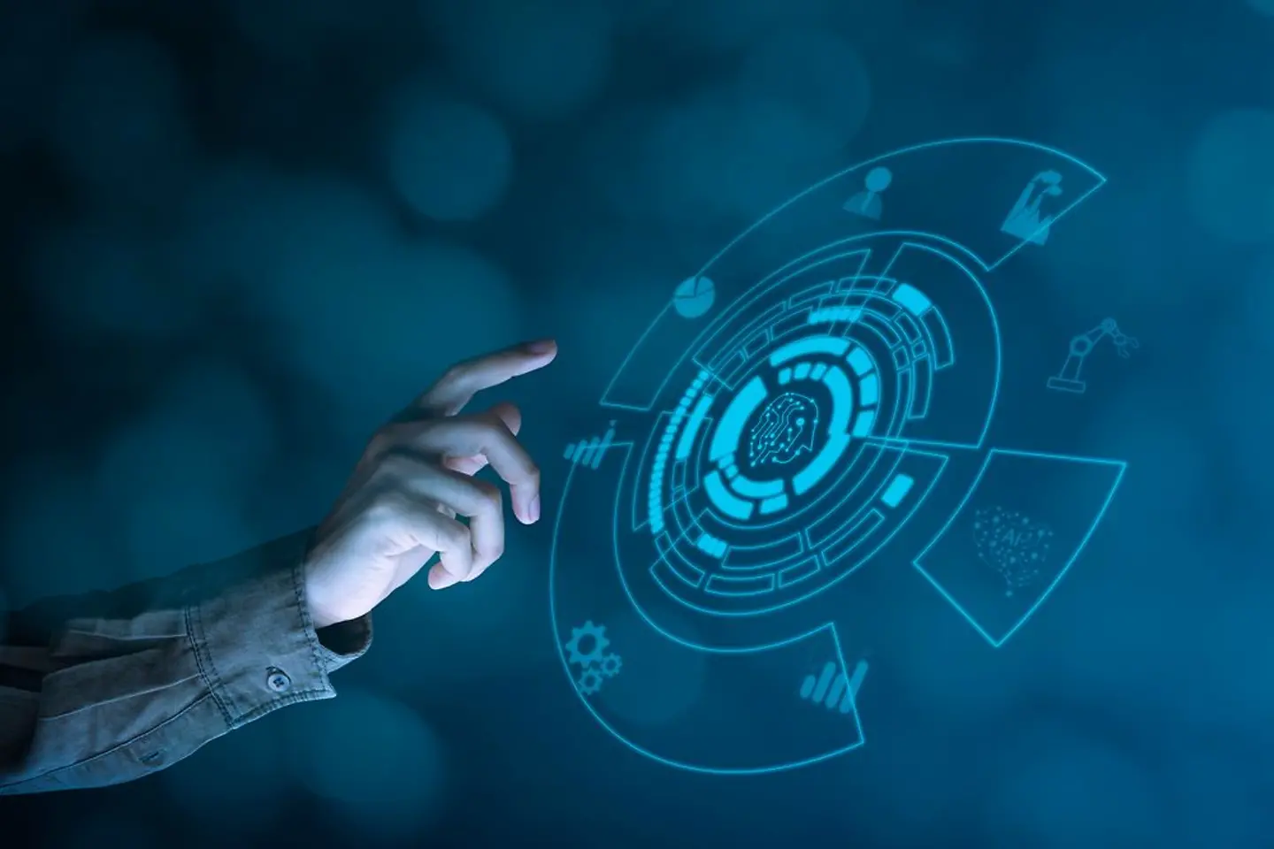 Businessmen point to holograms used to control AI operations in modern industrial plants