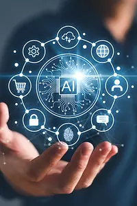 Artificial intelligence and Automated machine learning language blue digital user interface with businessman hand background