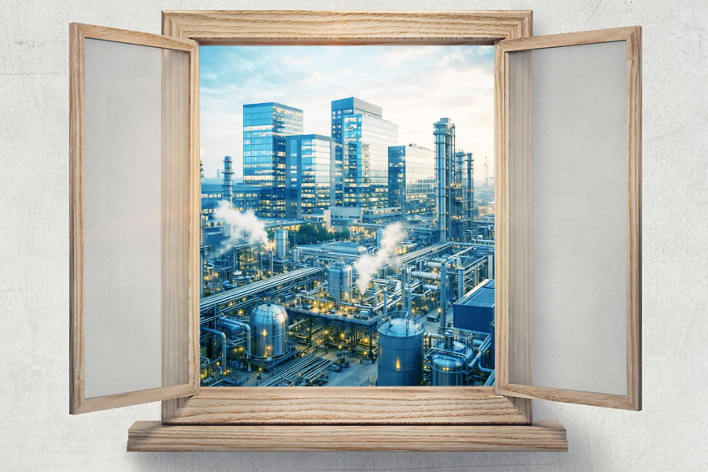 Uma janela aberta com uma moldura de madeira oferece uma vista de uma paisagem industrial