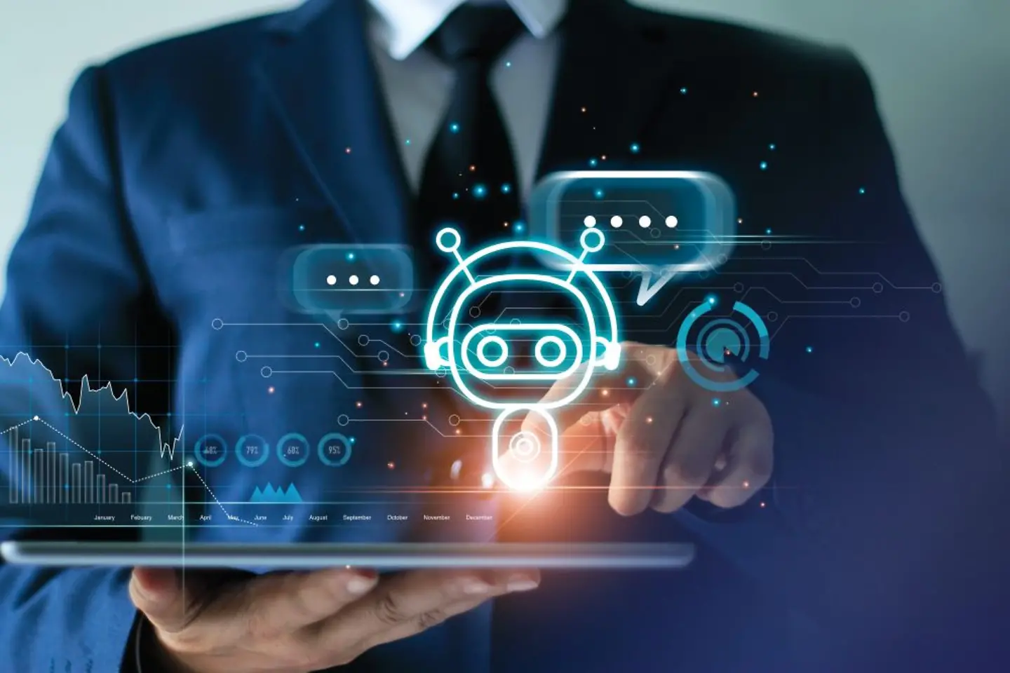 Businessman touching digital chat bot on tablet for provideing access to information and data via Artificial intelligence.