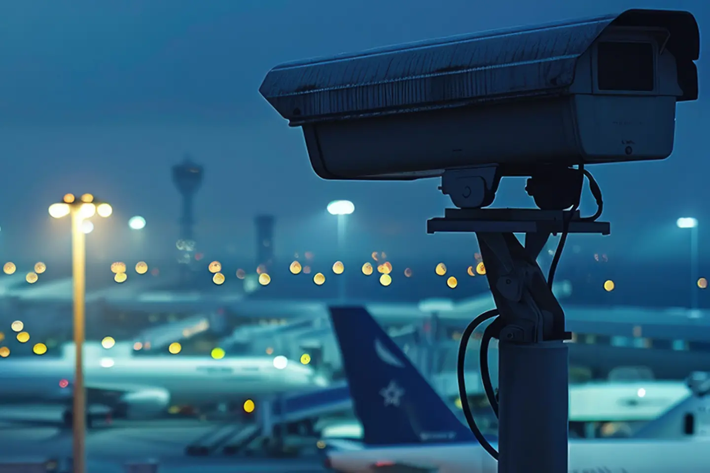 Door AI gegenereerde afbeelding - Bewakingscamera toont de luchtvrachtterminal met een vliegtuig in de verte