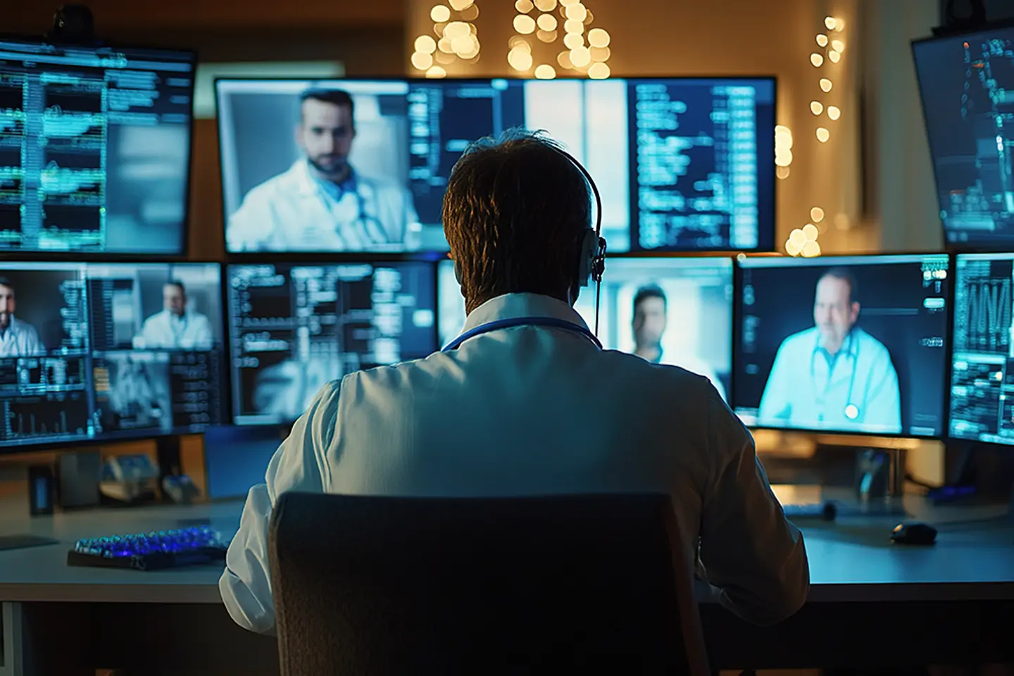 Health personnel looking at several monitors, running data and meetings