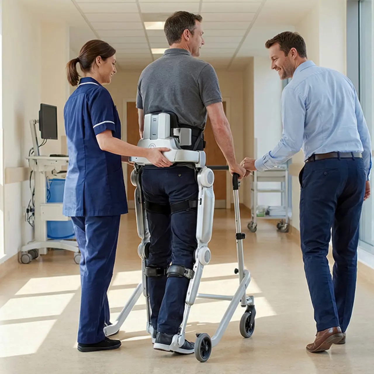 Krankenschwester und Patient mit robotischer Gehhilfe