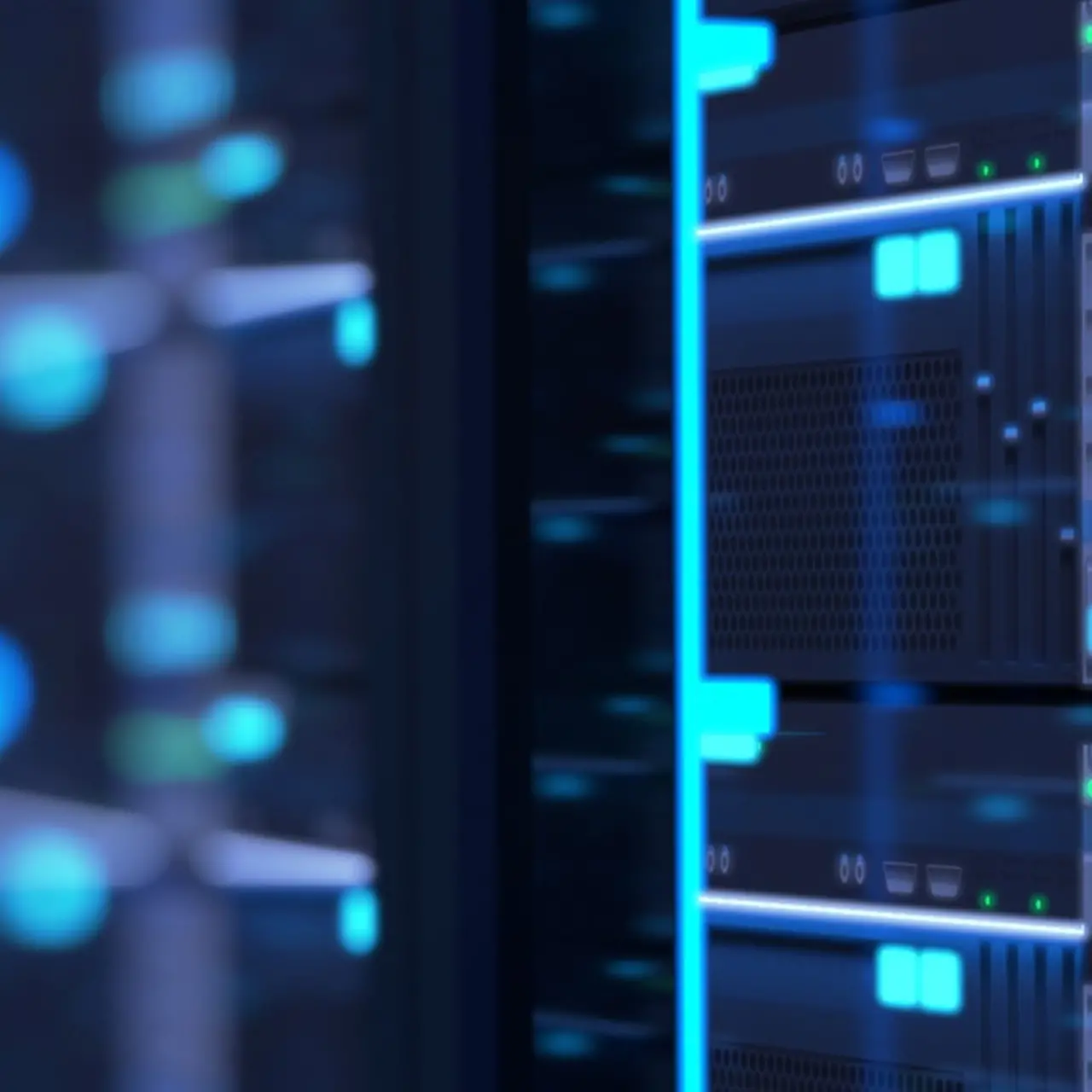 Corridor with server racks with illuminated displays