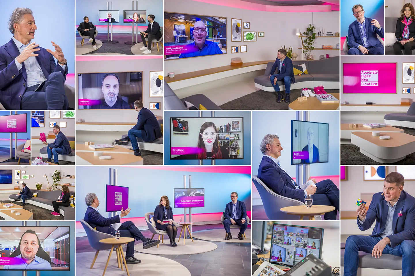 A collage of pictures from the online event with the participating guests