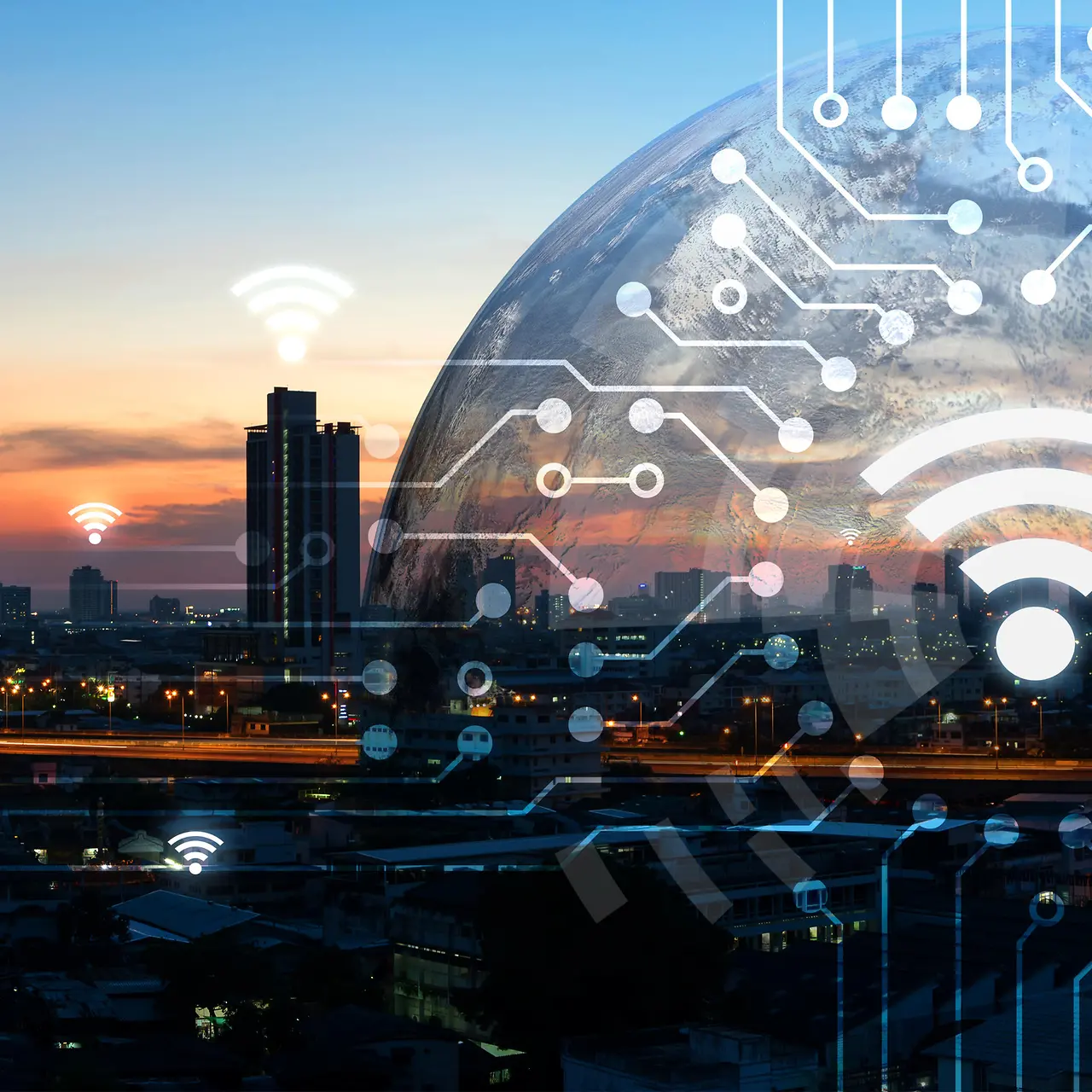 Panorama Blick einer Stadt mit Netz Symbolen verbunden