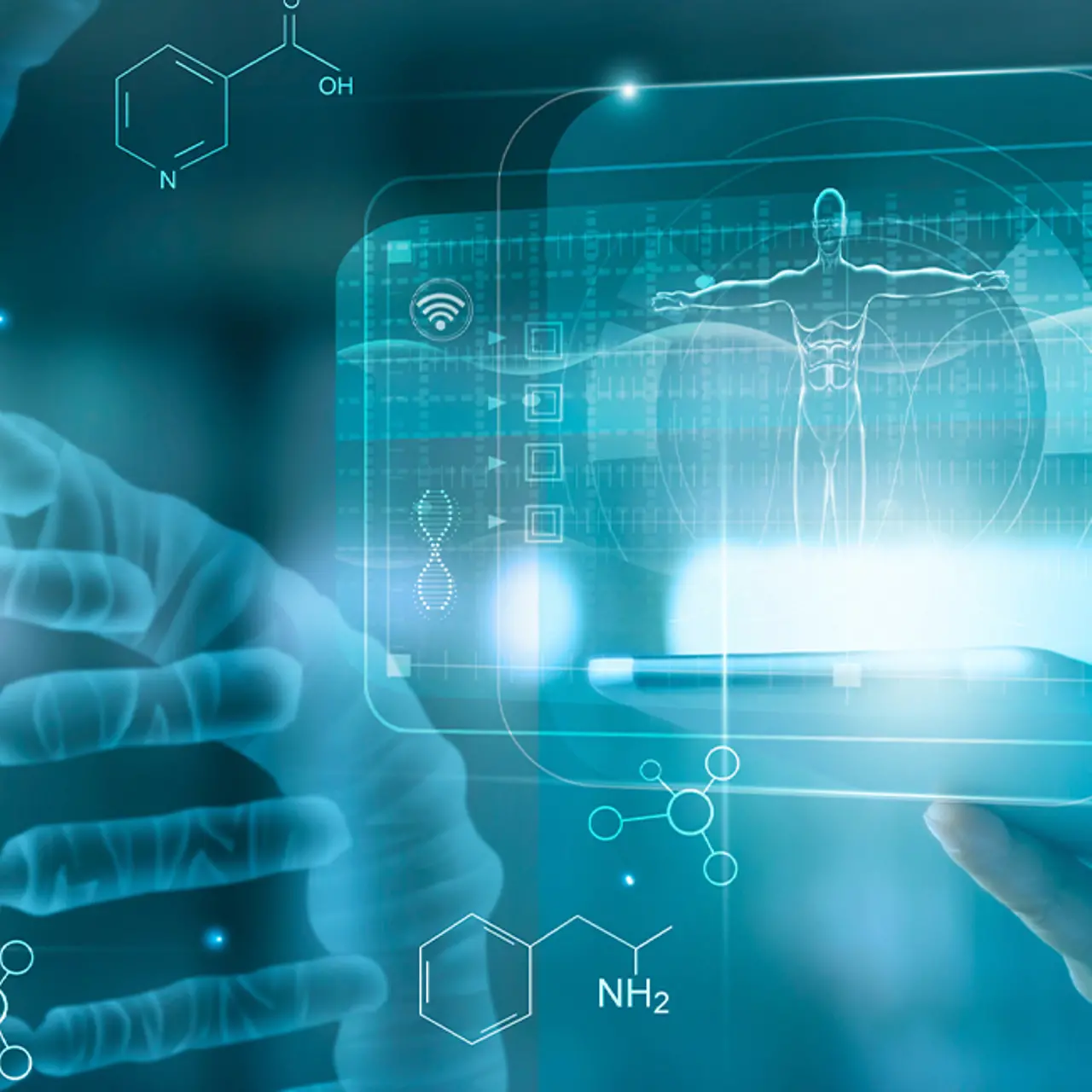 Arzt hält Tablet und analysiert DNA von Patient