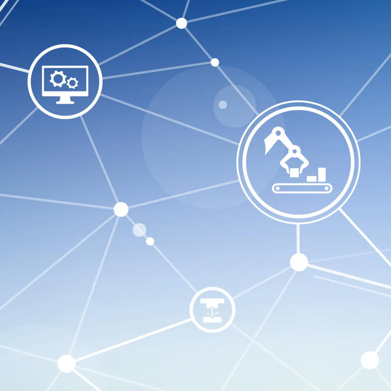 Smart Factory Konzept in Form weißer Buttons vor blauem Hintergrund