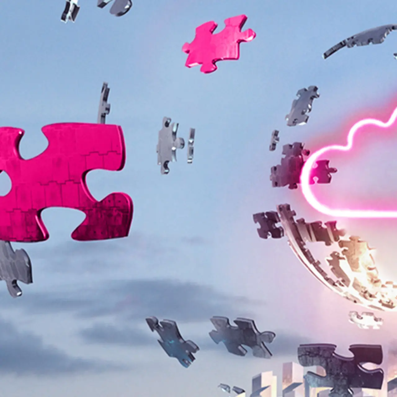 uzzle pieces fly around a digital cloud