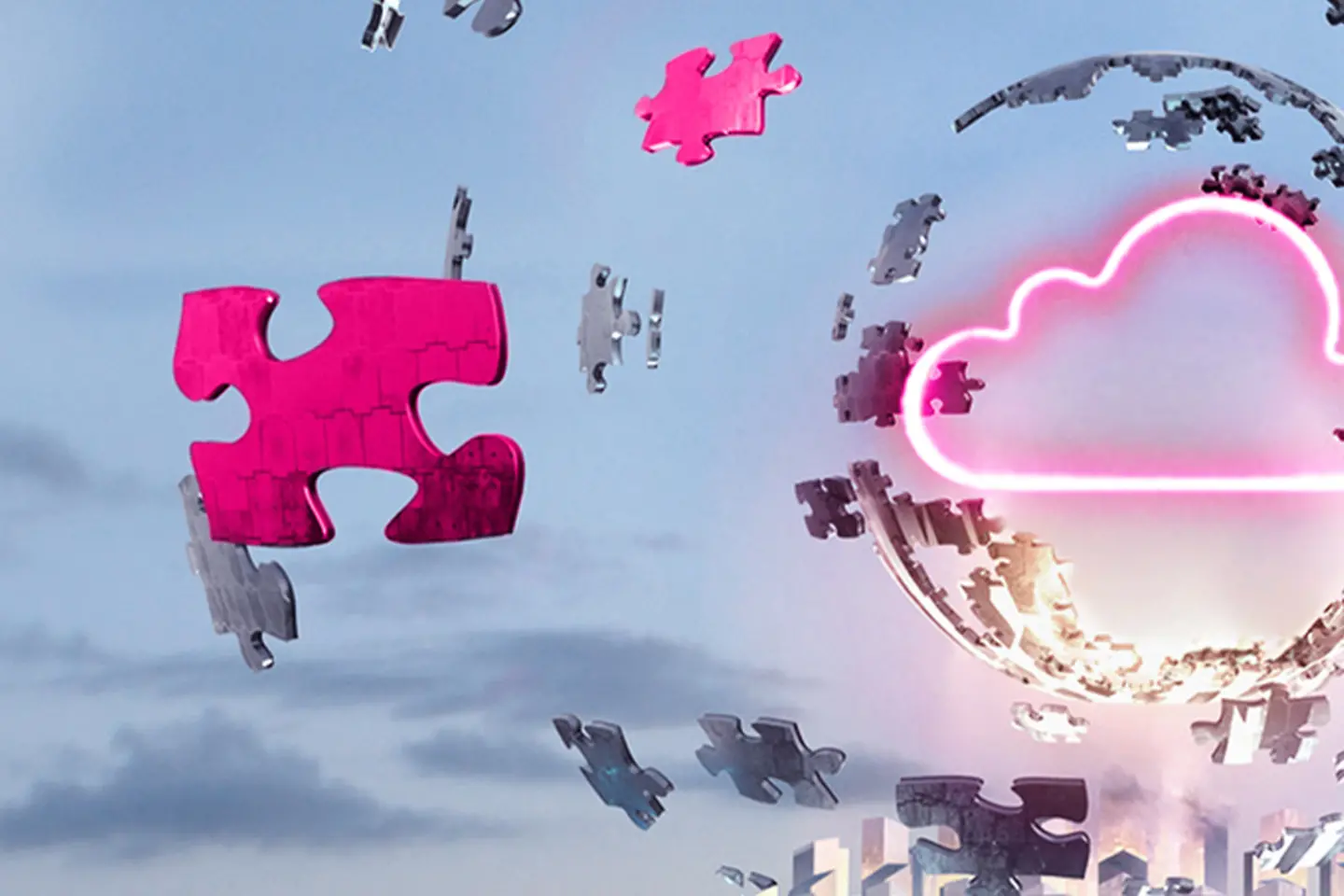 Peças de quebra-cabeça flutuando ao redor de uma nuvem digital