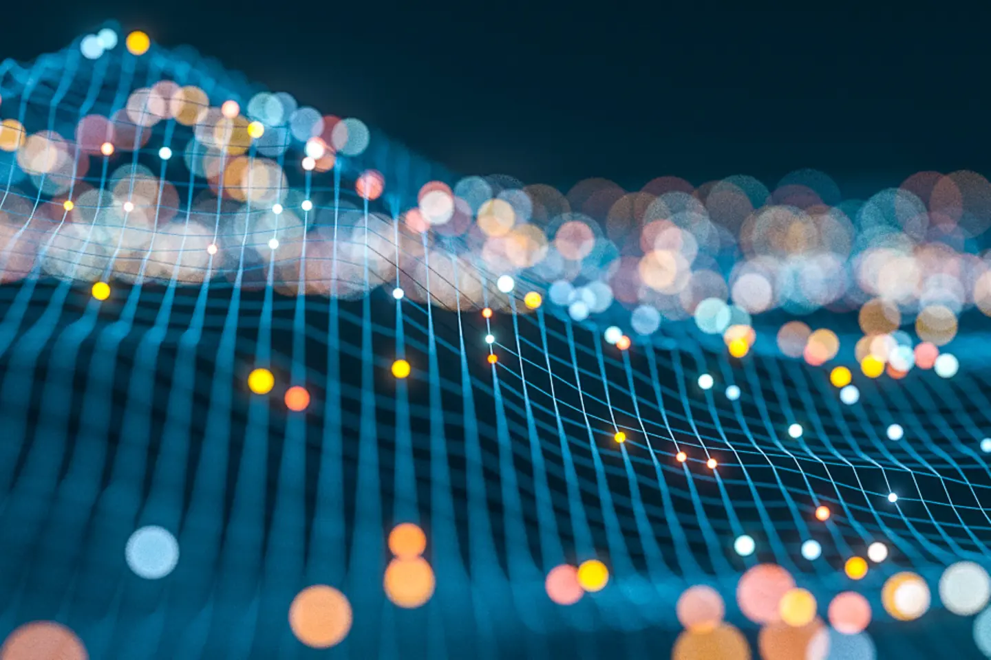 Blauwe netstructuur van een topografisch oppervlak met gekleurde lichtpuntjes