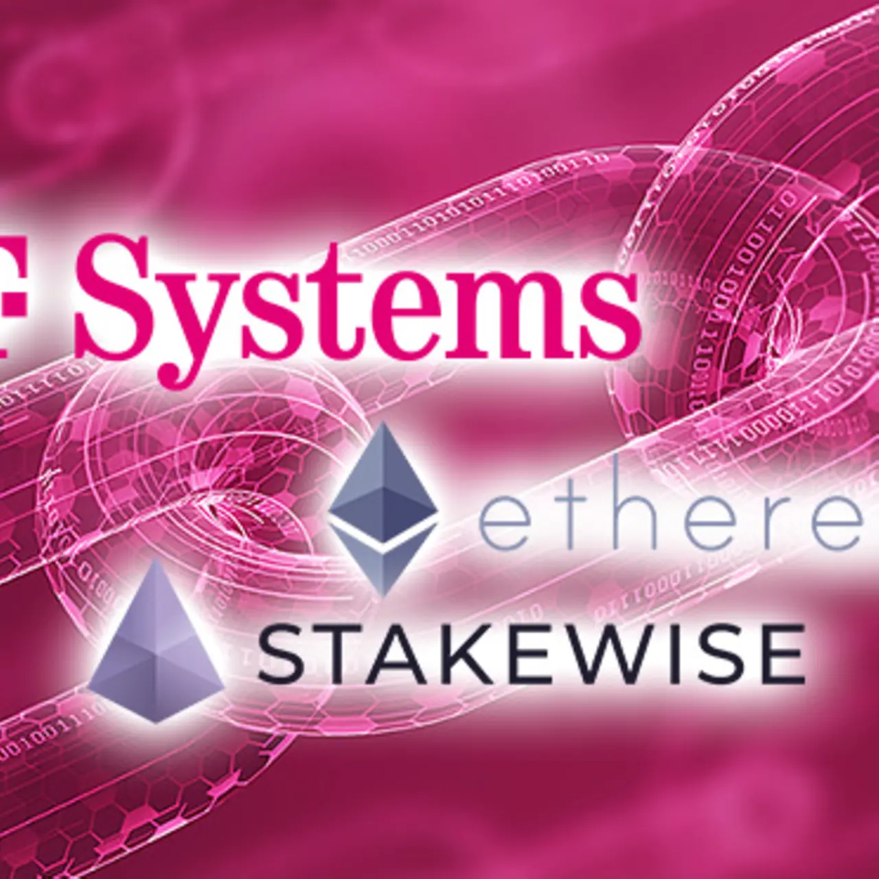 Logos von T-Systems, Ethereum und StakeWise vor magenta Hintergrund