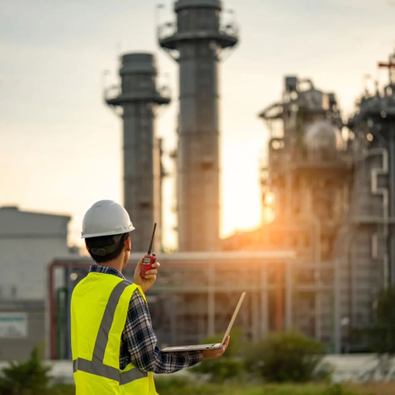 Fabrikarbeiter bei der Arbeit an einem Laptop