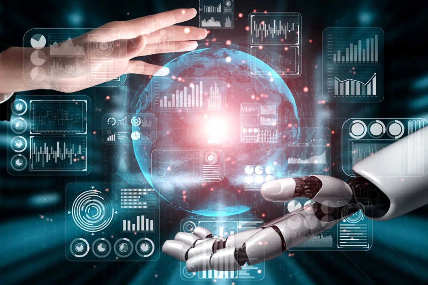 3D illustration of artificial intelligence and robot interacting with human hand