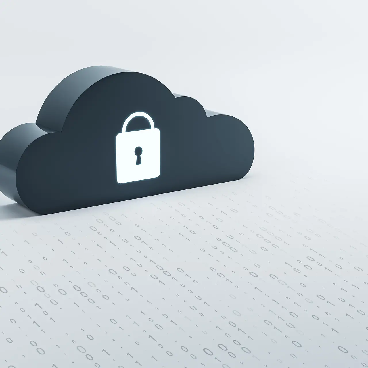 Cloud Security Darstellung mit schwarzer Wolke und weißem leuchtendem Schloss